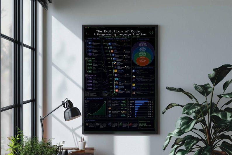 Poster sui linguaggi di programmazione / Infografica sull'evoluzione del codice / Decorazione murale per sviluppatori software / Stampa su tela incorniciata / Arredamento per ufficio tecnologico immagine 8