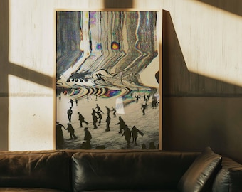Surreal Glitch Art Poster | Vintage Skaters Cyberpunk Wall Art | Abstract Vaporwave Decor | Framed Canvas Print | Wall Decor