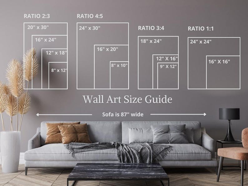 The image is a wall art size guide for wall art, providing dimensions for different sizes of wall art pieces. It includes a sofa, a coffee table, and other furniture items in a living room setting.