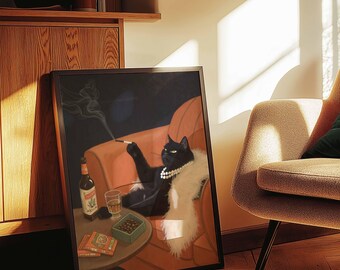 Vintage Cat Smoking Poster | Classy Retro Lounge Wall Art | Framed Canvas Print Decor