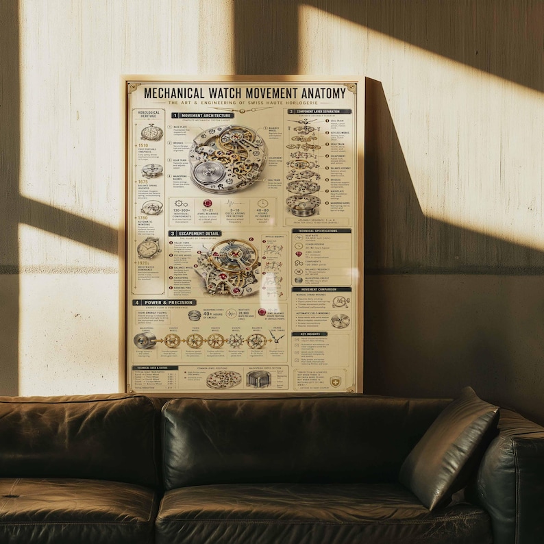 Mechanical Watch Anatomy Poster | Horology Blueprint Art Print | Swiss Engineering Decor | Framed Canvas Wall Art | Watchmaker Gift image 5