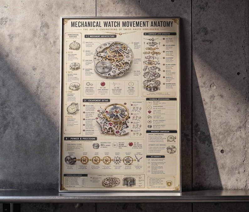 Mechanical Watch Anatomy Poster | Horology Blueprint Art Print | Swiss Engineering Decor | Framed Canvas Wall Art | Watchmaker Gift image 8