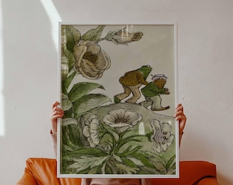 Escena natural vintage de rana y sapo / Póster de arte mural ilustrado / Decoración infantil / Impresión artística inspirada en cuentos