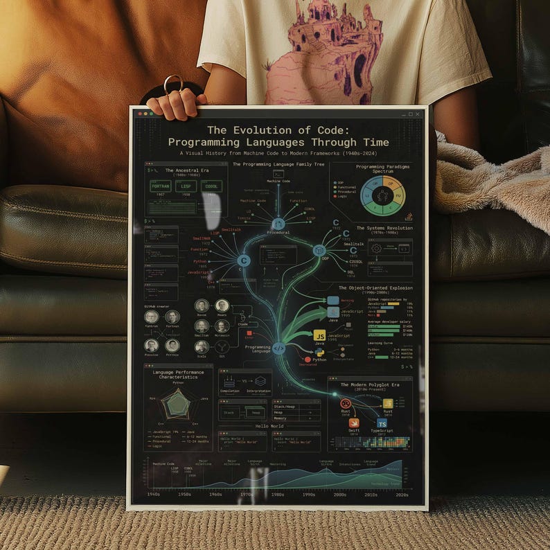 Evolution of Code Programming Languages History Poster | Developer Wall Art | Coder Gift | Computer Science Framed Canvas Print Decor image 8