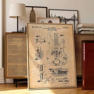 Póster de patente de guitarra Fender vintage / Arte mural de músico / Decoración retro del hogar / Lienzo enmarcado / Regalo para amantes de la música / Decoración de pared de guitarrista imagen 3