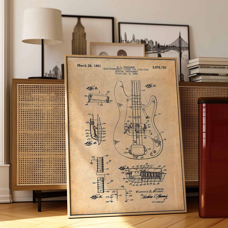 Póster de patente de guitarra Fender vintage / Arte mural de músico / Decoración retro del hogar / Lienzo enmarcado / Regalo para amantes de la música / Decoración de pared de guitarrista imagen 3