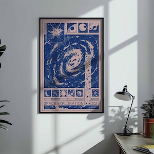 May include: Framed poster featuring a blue and beige space exploration design. The artwork includes celestial bodies, constellations, and the text "SPACE EXPLORATION 2021". The poster is displayed in a room with plants and a desk lamp.
