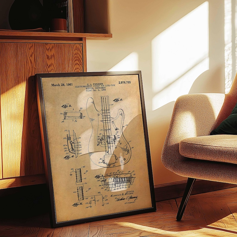 Póster de patente de guitarra Fender vintage / Arte mural de músico / Decoración retro del hogar / Lienzo enmarcado / Regalo para amantes de la música / Decoración de pared de guitarrista imagen 1
