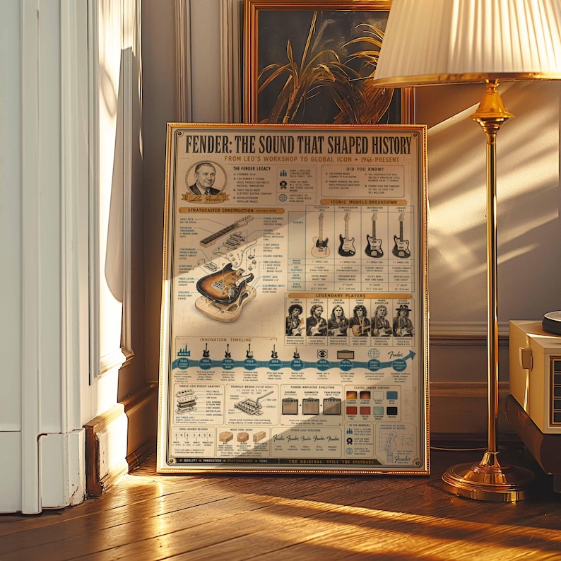 Vintage Fender Gitarren-Geschichte Poster | Synthetische Infografik Wandkunst | gerahmter Leinwanddruck | Musiker Gitarrist Geschenk Dekor Bild 1