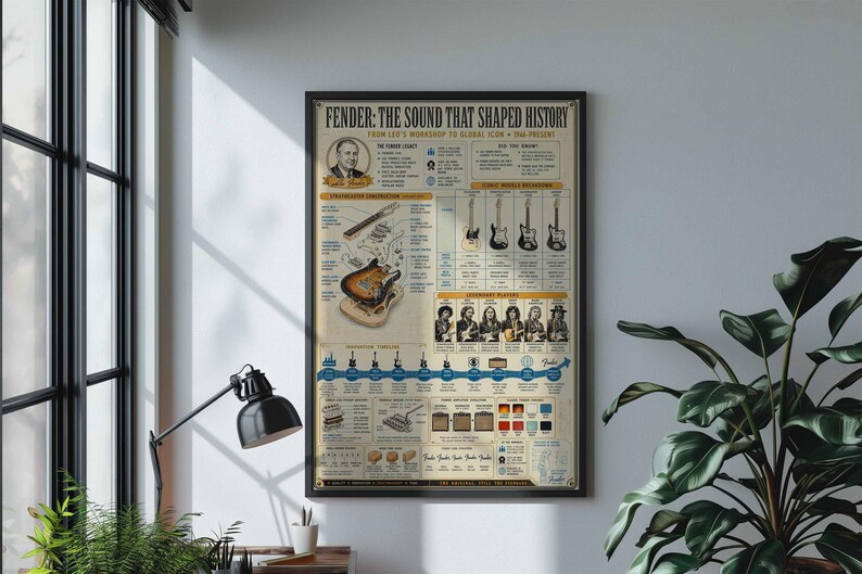 Vintage Fender Gitarren-Geschichte Poster | Synthetische Infografik Wandkunst | gerahmter Leinwanddruck | Musiker Gitarrist Geschenk Dekor Bild 3