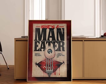 Man Eater Retro Horror Poster | Vintage Graphic Wall Art | Framed Print | Edgy Decor for Home Office or Dorm