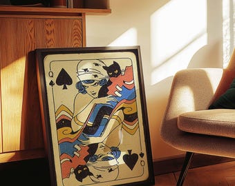 Art Deco Playing Card Poster | Queen of Spades Wall Art | Vintage Tarot Decor | Illustrated Framed Canvas Print