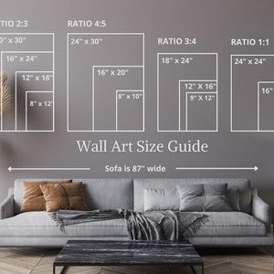 May include: A wall art size guide displays various rectangular frame sizes, including 20" x 30", 24" x 30", 16" x 24", 18" x 24", and 24" x 24". The text "Wall Art Size Guide" is centered above a sofa, which is 87" wide.