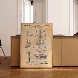 Póster de patente de guitarra Fender vintage / Arte mural de músico / Decoración retro del hogar / Lienzo enmarcado / Regalo para amantes de la música / Decoración de pared de guitarrista imagen 4