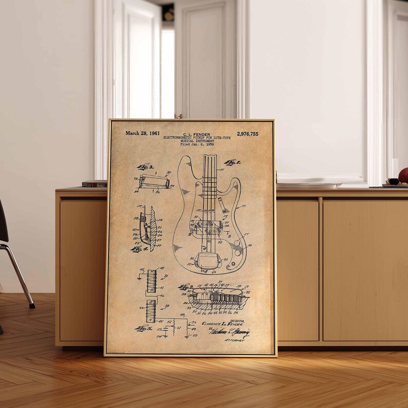 Póster de patente de guitarra Fender vintage / Arte mural de músico / Decoración retro del hogar / Lienzo enmarcado / Regalo para amantes de la música / Decoración de pared de guitarrista imagen 4