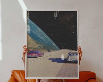 Space Journey Retro Poster | Sci-Fi Highway Wall Art | Vintage Collage Framed Canvas Print | Cosmic Decor for Home or Office