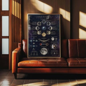 以下が含まれることがあります： 「Lunar Rhythms」と題された額入りのポスター。月の満ち欠けの様子を描いています。ポスターは、地球、月の満ち欠け、関連する天文学的図など、天体のイラストが描かれた濃い青色の背景が特徴です。フレームは金色です。