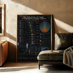 Poster programmeertaal | Evolutie van code-infographic | Muurkunst softwareontwikkelaar | Ingelijste canvasafdruk | Technische kantoorinrichting