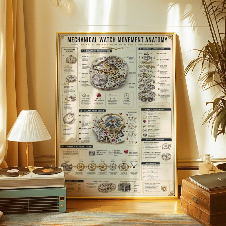 Mechanical Watch Anatomy Poster | Horology Blueprint Art Print | Swiss Engineering Decor | Framed Canvas Wall Art | Watchmaker Gift image 4