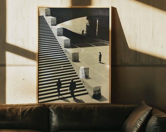 白黒ミニマル階段ポスター｜ヴィンテージ都市写真ウォールアート｜額入りキャンバスプリント｜ブルータリズム建築装飾