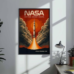 Vintage NASA Apollo 1969 Poster | Retro Space Rocket Wall Art | Saturn V Framed Canvas Print | Mid Century Science Decor
