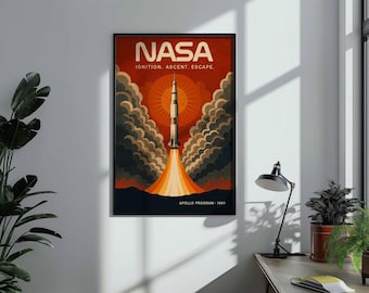 Vintage NASA Apollo 1969 Poster | Retro Space Rocket Wall Art | Saturn V Framed Canvas Print | Mid Century Science Decor