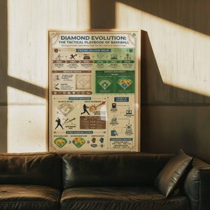 Puede incluir: Un póster enmarcado sobre la "Diamond Evolution: The Tactical Playbook of Baseball". Muestra innovaciones estratégicas y una línea de tiempo. El póster está sobre un sofá de cuero marrón oscuro.