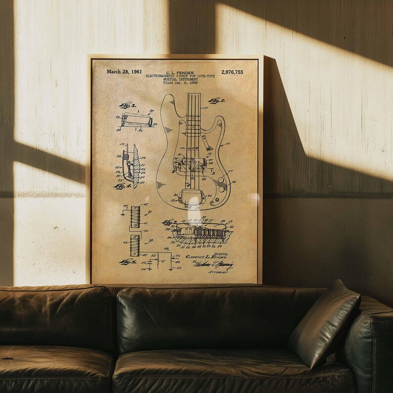 Póster de patente de guitarra Fender vintage / Arte mural de músico / Decoración retro del hogar / Lienzo enmarcado / Regalo para amantes de la música / Decoración de pared de guitarrista imagen 6