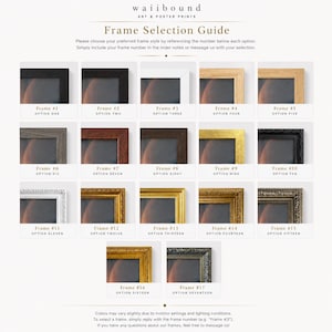 The image is a guide for selecting frames from a collection of various frame styles, sizes, and colors. It provides a visual representation of the different frame options available, allowing the viewer to choose their preferred style based on the number and description provided.