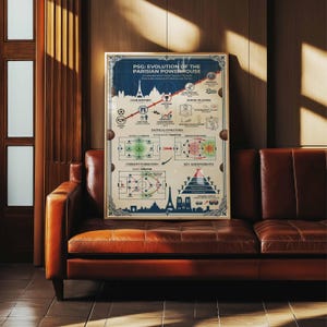 Könnte beinhalten: Ein gerahmtes Poster mit dem Titel "PSG: EVOLUTION OF THE PARISIAN POWERHOUSE" auf einem braunen Ledersofa. Das Poster hat ein blaues und beiges Design mit Illustrationen des Eiffelturms, Fußballformationen und Text. Eine visuelle Reise durch die Geschichte und Taktik von PSG.