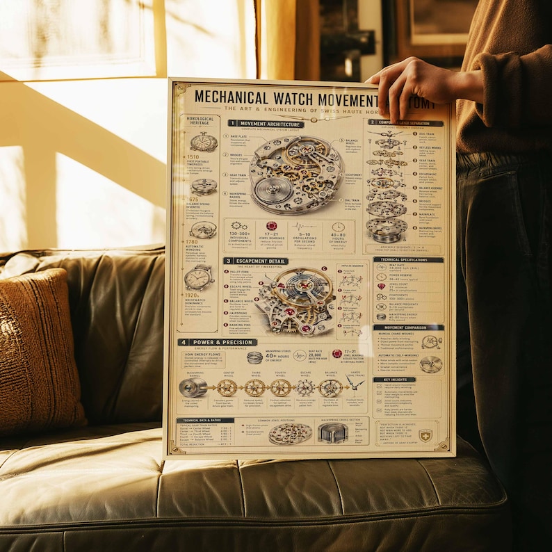 Mechanical Watch Anatomy Poster | Horology Blueprint Art Print | Swiss Engineering Decor | Framed Canvas Wall Art | Watchmaker Gift image 6