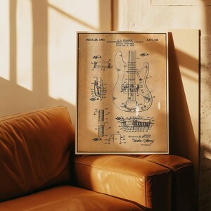 Póster de patente de guitarra Fender vintage / Arte mural de músico / Decoración retro del hogar / Lienzo enmarcado / Regalo para amantes de la música / Decoración de pared de guitarrista imagen 5