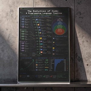 Poster sui linguaggi di programmazione / Infografica sull'evoluzione del codice / Decorazione murale per sviluppatori software / Stampa su tela incorniciata / Arredamento per ufficio tecnologico immagine 6
