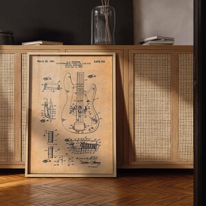 Póster de patente de guitarra Fender vintage / Arte mural de músico / Decoración retro del hogar / Lienzo enmarcado / Regalo para amantes de la música / Decoración de pared de guitarrista imagen 7