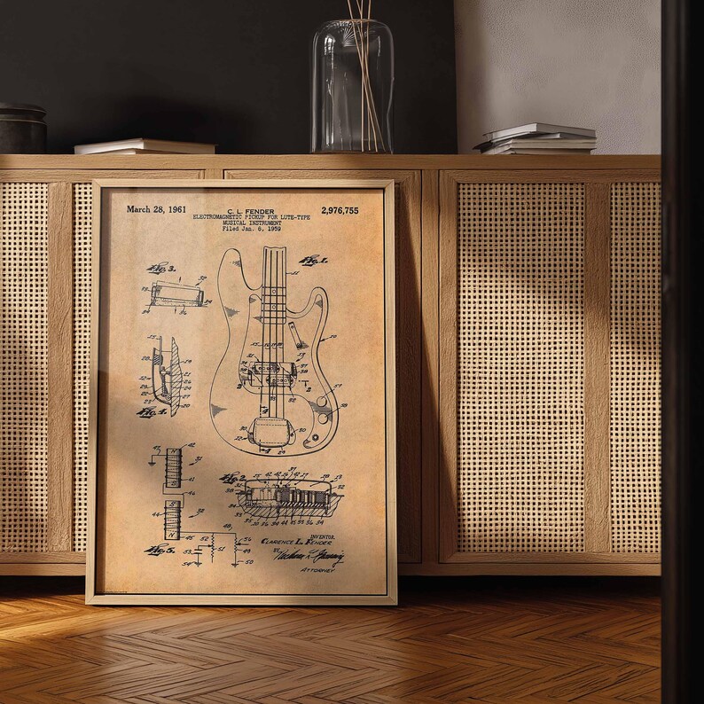 Póster de patente de guitarra Fender vintage / Arte mural de músico / Decoración retro del hogar / Lienzo enmarcado / Regalo para amantes de la música / Decoración de pared de guitarrista imagen 7