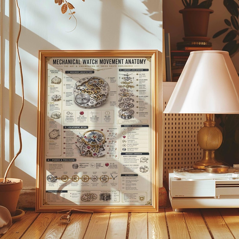 Mechanical Watch Anatomy Poster | Horology Blueprint Art Print | Swiss Engineering Decor | Framed Canvas Wall Art | Watchmaker Gift image 2