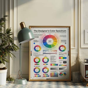 Könnte beinhalten: Ein gerahmtes Poster mit dem Titel "The Designer's Color Spectrum" mit einem goldenen Rahmen, das Informationen zur Farbtheorie anzeigt. Eine türkisfarbene Schreibtischlampe mit goldenem Akzent befindet sich links.