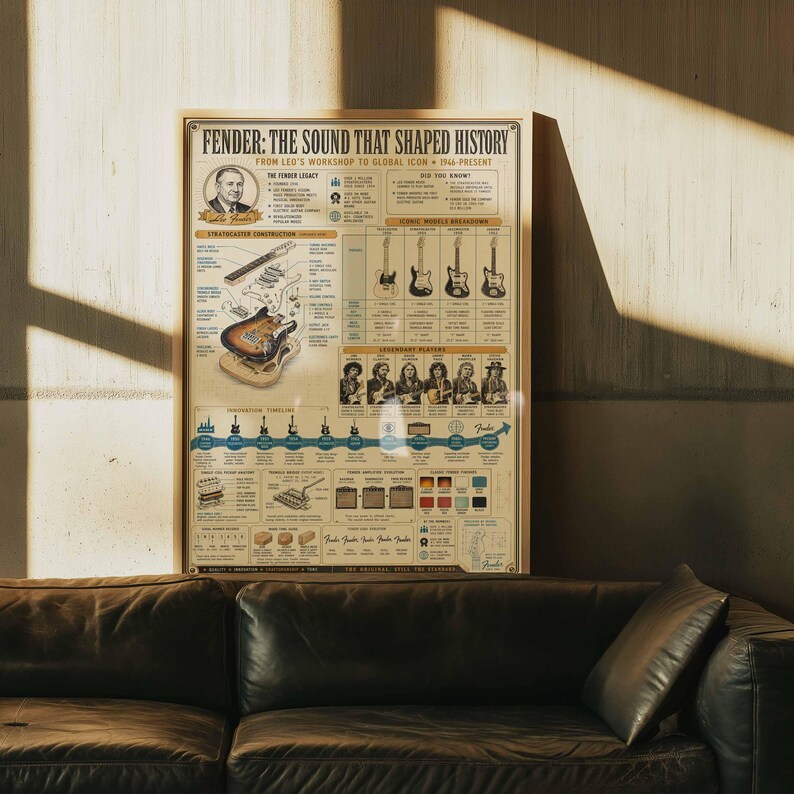 Vintage Fender Gitarren-Geschichte Poster | Synthetische Infografik Wandkunst | gerahmter Leinwanddruck | Musiker Gitarrist Geschenk Dekor Bild 4