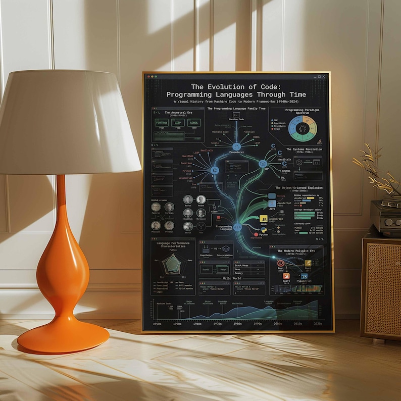 Evolution of Code Programming Languages History Poster | Developer Wall Art | Coder Gift | Computer Science Framed Canvas Print Decor image 4