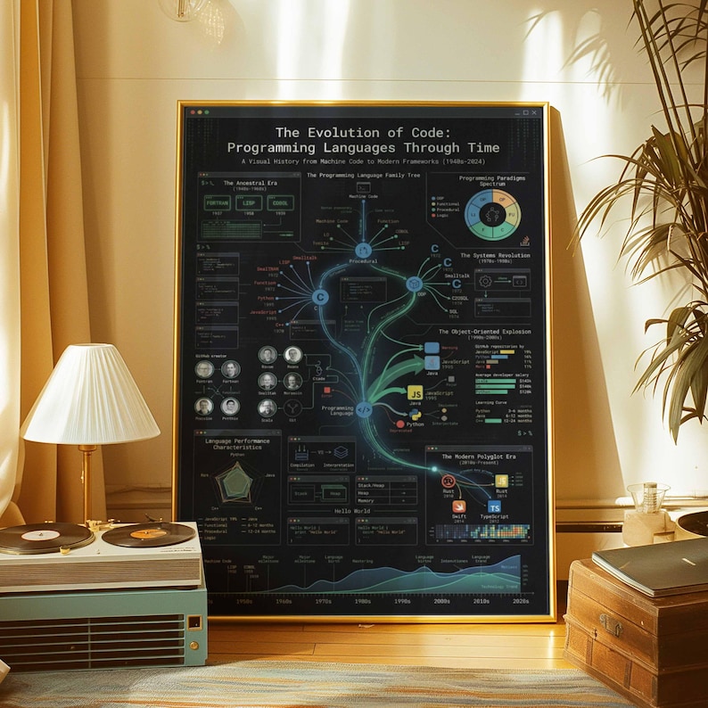 Evolution of Code Programming Languages History Poster | Developer Wall Art | Coder Gift | Computer Science Framed Canvas Print Decor image 7