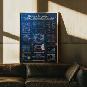 May include: A framed poster titled "Quantum Computing: The Future of Information Processing" with detailed diagrams and text. The poster has a dark blue background with colourful graphics and text, displayed above a brown leather sofa.