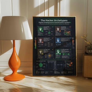 Puede incluir: Un póster enmarcado titulado "The Hacker Archetypes: Digital Underground Classification System". El póster presenta un fondo oscuro con varios diagramas y cuadros de texto que detallan diferentes perfiles y metodologías de hackers. El marco es dorado.