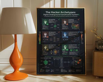 Poster di sicurezza informatica con archetipi di hacker / Tabella di classificazione del Digital Underground / Arte murale Dark Tech / Stampa su tela con cornice