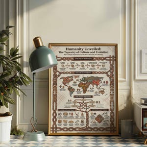 Puede incluir: Un póster enmarcado titulado "Humanidad Revelada: El Tapiz de la Cultura y la Evolución". El póster presenta un mapa del mundo y diagramas que ilustran los orígenes humanos, la diversidad cultural y artefactos. El marco es dorado.