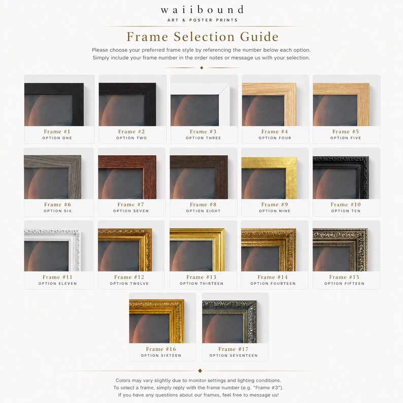 The image is a guide for selecting frames from a collection of various frame styles, sizes, and colors. It provides a visual representation of the different frame options available, allowing the viewer to choose their preferred style based on the number and description provided.