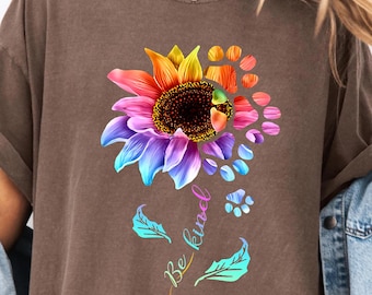 Be Kind Sunflower Paw Print PNG Design - Colorful Dog Lover Clipart - Inspirational Animal Rescue Awareness Digital Art for Pet Owners