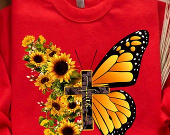 Faith Cross with Butterfly and Sunflowers PNG - Christian Inspirational Digital Art for T-Shirts, Cricut, Sublimation, and DIY Projects