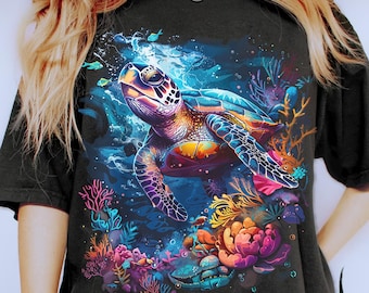 Vibrant Sea Turtle PNG Design – Underwater Coral Reef Scene | Ideal for Ocean-Themed T-Shirts and Merchandise