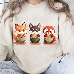Cute Trio of Fox, Husky, and Red Panda Eating Ramen | Adorable PNG Digital Design for DIY Projects