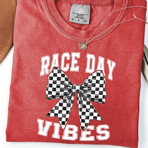 Race Day Vibes PNG – Checkered Flag Bow Sublimation Design, Racing Girl Graphic for NASCAR Fans, Cute Motorsport PNG for Shirts & Merch